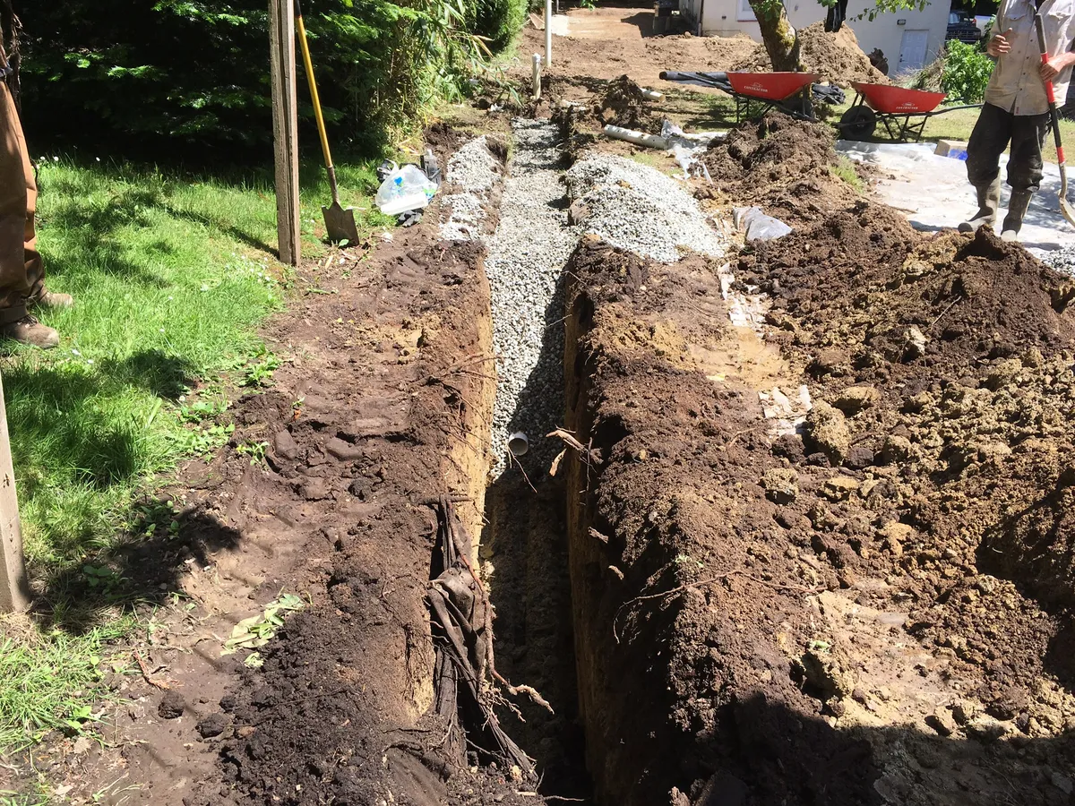Drain rock installed over perforated drainage pipe